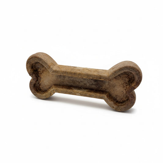 Brown bone-shaped dog toy on a white background