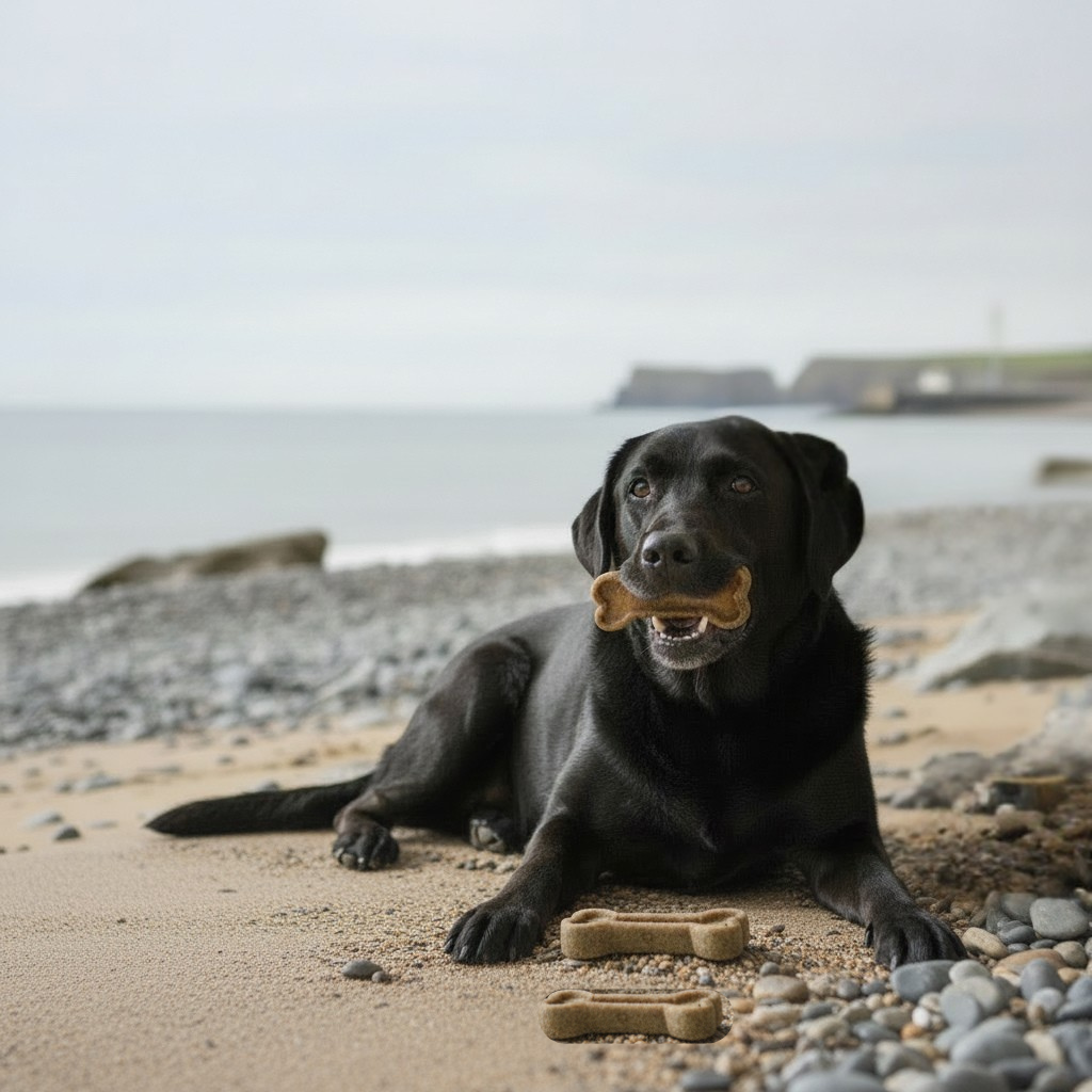 Black dog lying on a beach with a bone-shaped treat in its mouth