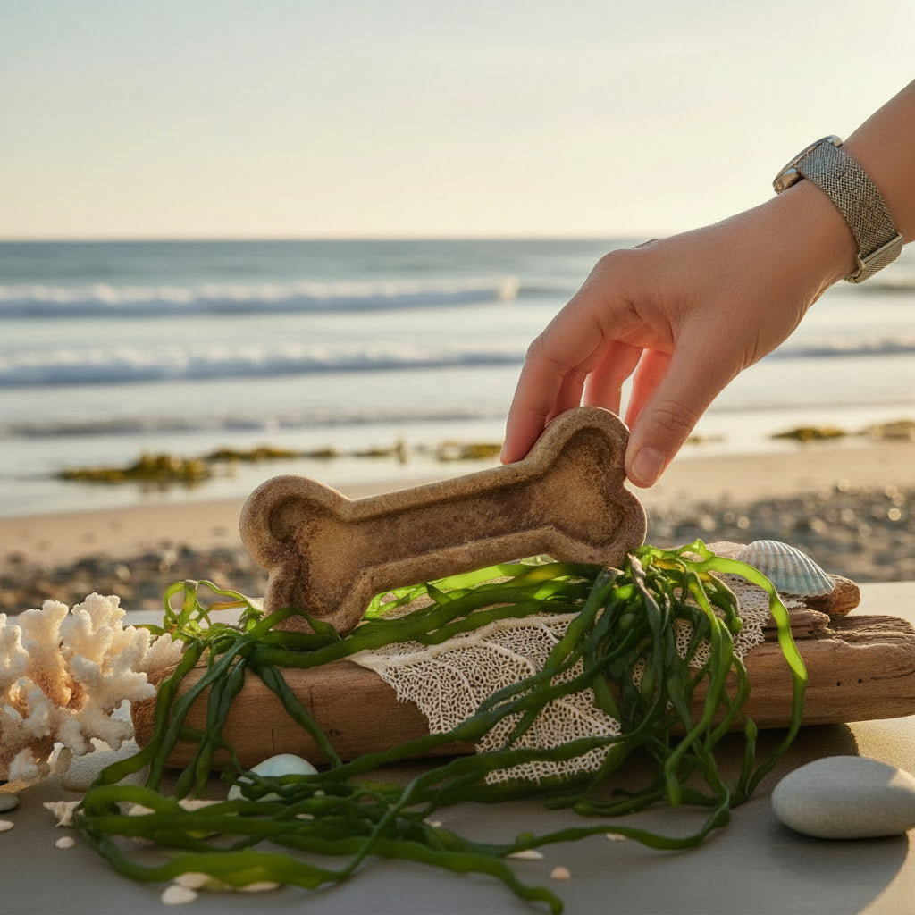 Hand holding a bone-shaped object on a beach with ocean view