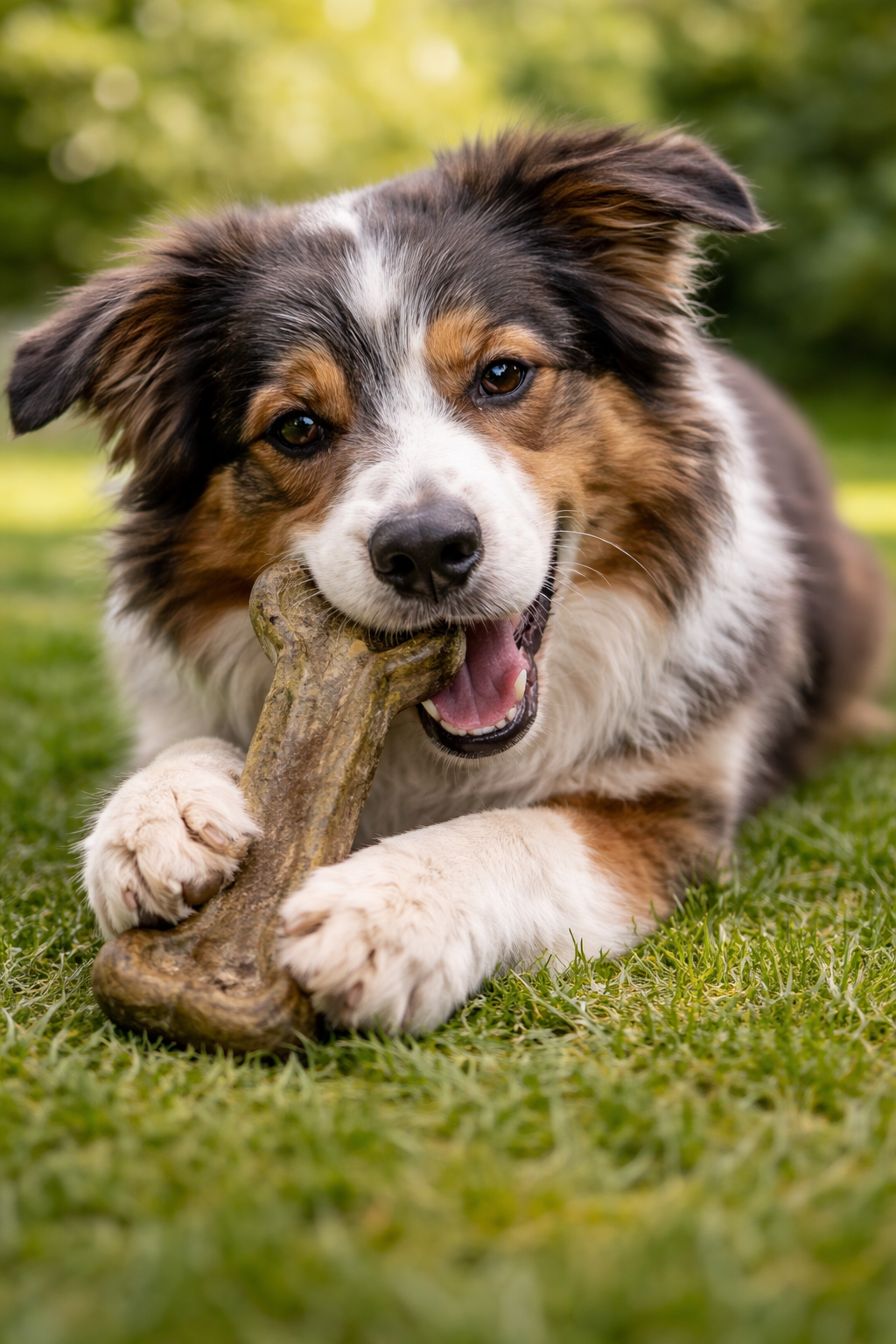 Dog playing with a bone on grass
