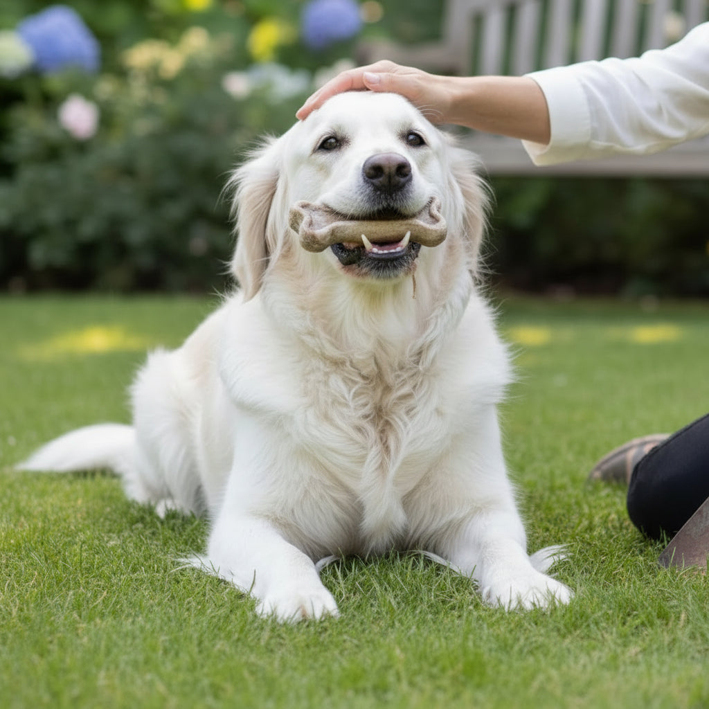 White dog lying on grass with a bone in its mouth, being petted by a person.