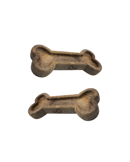 Two brown bone-shaped dog treats on a white background