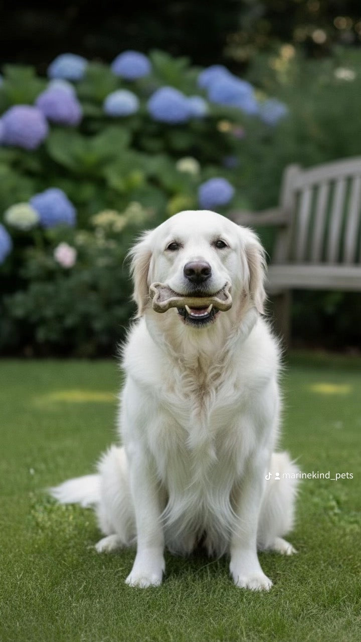 White dog sitting on grass with flowers and a bench in the background